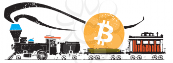 Woodcut expressionist style Steam Locomotive with a bitcoin in one of the carsv