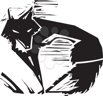 Woodcut expressionist style image of a fox