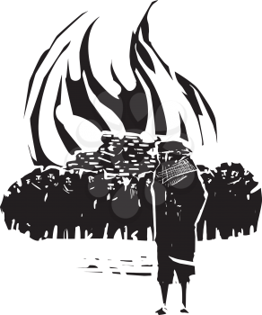 Woodcut expressionist style image of a man leading a crowd of people burning books