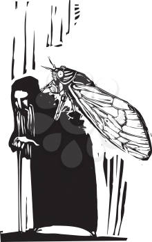 Woodcut expressionist style image of Brood X Cicada emerging from the back of an old man
