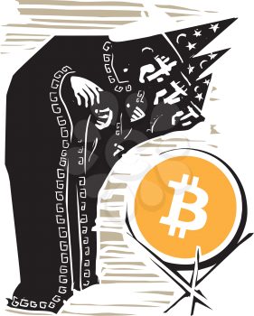 Woodcut style expressionistic image staring into a crystal ball with the bitcoin logo inside