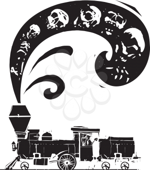 Woodcut expressionist style Steam Locomotive with skulls coming from the smokestack smoke