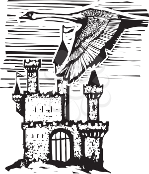 Woodcut expressionist style Swan in flight with a fairytale castle 