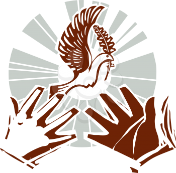 Woodcut expressionist style dove of peace flying with a olive branch from open hands.