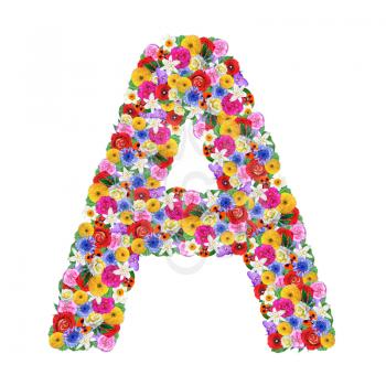 A, letter of the alphabet in different flowers isolated on white background