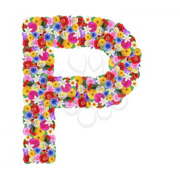 P, letter of the alphabet in different flowers isolated on white background