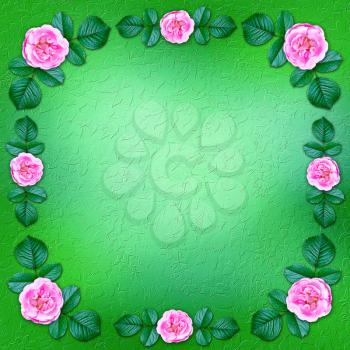 Green floral background framed by blooming roses