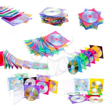 a set of multiple CD and DVD isolated on white background