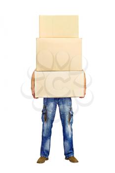 man with cardboard boxes isolated on white background