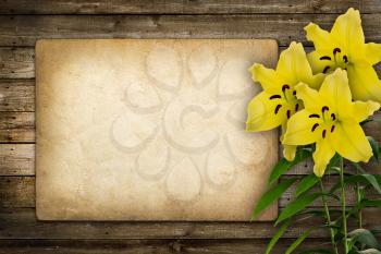 Card for invitation or congratulation with yellow lily flower in vintage style