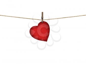 Valentine card heart shaped from old red paper hanging on a clothesline isolated on white background