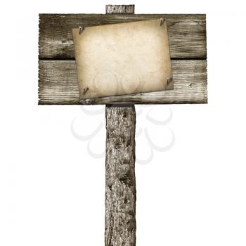 wooden post with a sign isolated on a white background