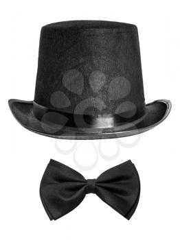black felt hat and bow tie isolated on white background. front view