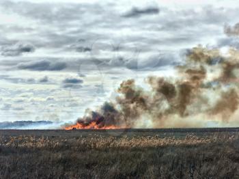 Fire in the steppe. Burnout dry last year's grass