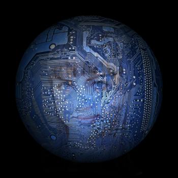 woman's face on the background of electronic digital planet