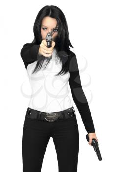 Girl with two pistols isolated on a white background