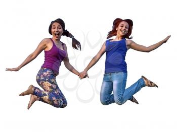 Two girls jumping in the air holding hands isolated on white