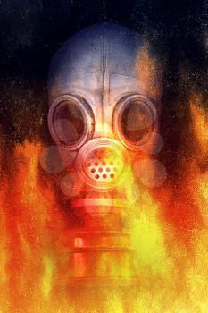 Person in a gas mask in a flame of fire