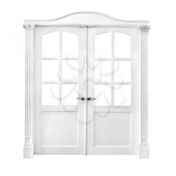 white double-leafed door of classical design isolated on white background