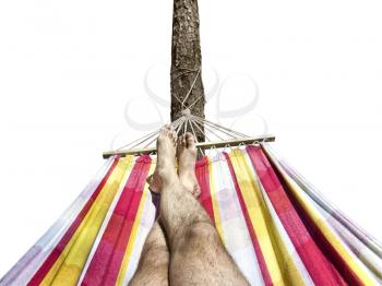 feet in the hammock isolated on  white background 