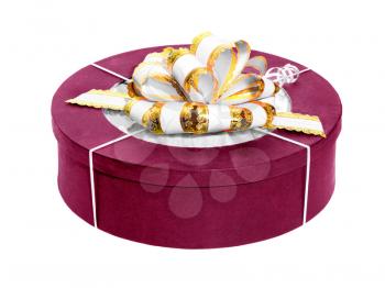 round color gift box with white and gold bow