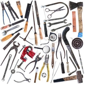 Set of old carpentry and locksmith tools isolated on white background
