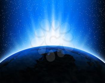 Royalty Free Clipart Image of the Planet Earth With Rays of Sun in Space