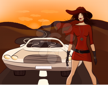 Royalty Free Clipart Image of a Woman Standing Outside Her Car on a Winding Road