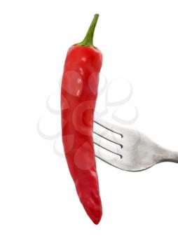 Red Chili Pepper On A Fork Isolated On A White Background