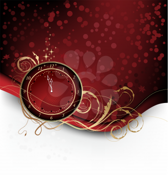 Red Christmas background with candy, stars and clock