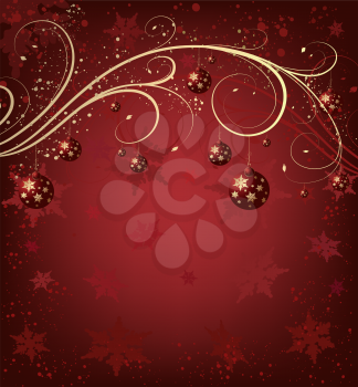 Christmas red vector background with balls and snowflakes