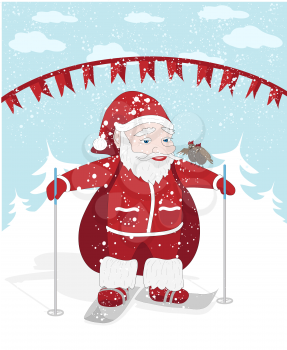 Vector Christmas illustration with Santa, snow and birds