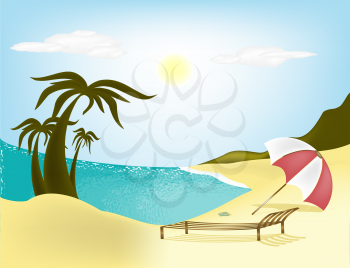 Illustration sea, beach, palm trees and sun loungers with umbrella
