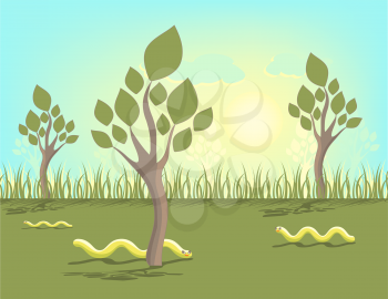 Abstract summer illustration with worms and trees