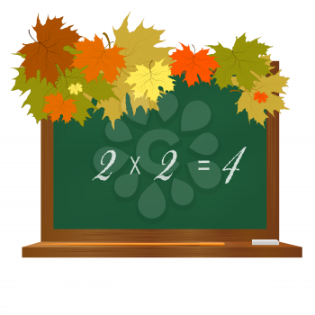 Royalty Free Clipart Image of a Blackboard and Maple Leaves