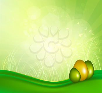Summer Background With Grass, Sun Shiny And Easter Eggs