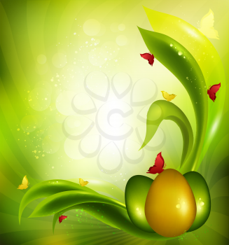 Easter Background With Eggs, Grass, Sun And Butterflies