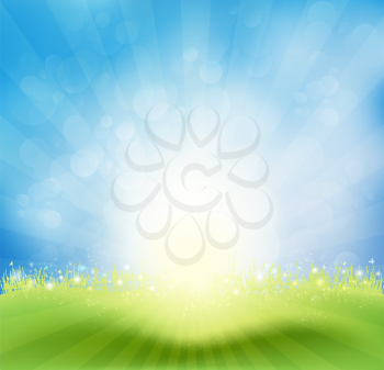 Spring Background With Sky, Sun Rays And Butterflies