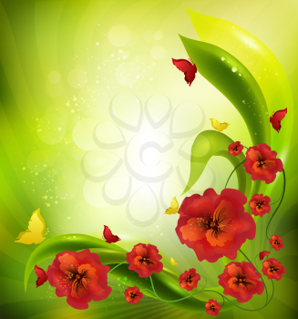 Summer Background With Grass, Flowers And Butterflies