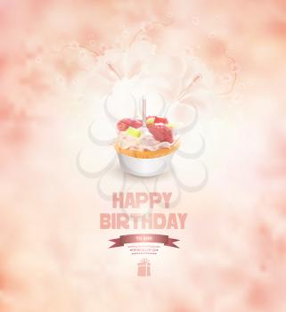 Happy Birthday Background With Cake, Flowers And Title Inscription