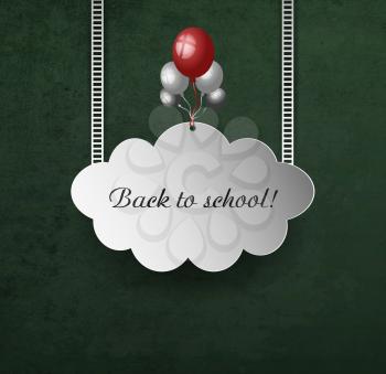 Background With School Blackboard, Cloud, Tairs, Holiday Balls And Text