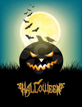 Halloween Background With Moon, Grass, Bats, Angry Pumpkin, Crow And Title Inscription