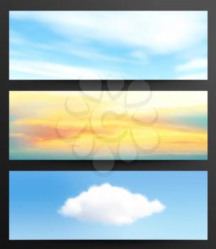 Set Of Web Banners With Sky And Clouds On A Gray Background With Shadows