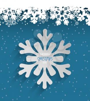 Holiday Christmas And New Year Winter Blue Background With 3D Gray Snowflake And Snow