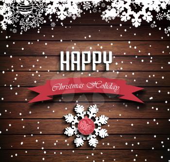 Wooden Christmas Holiday Winter Background With Shadows, Balls, Snowflakes And Text 