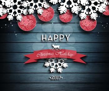 Wooden Christmas Holiday Winter Background With Shadows, Balls, Snowflakes, Deer And Text 