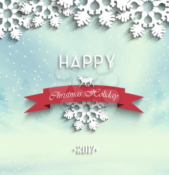 Wooden Christmas Holiday Winter Background With Ribbon, Shadows, Snowflakes, Trees, Snow, Deer And Text 