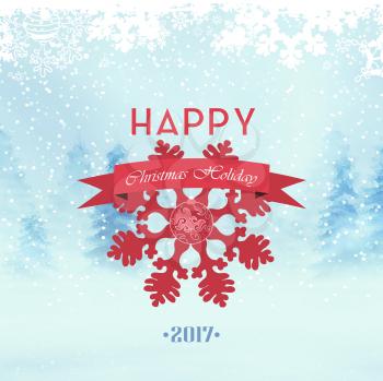 Christmas Background. Winter Day, Forest, Snow, Snowflakes, Ribbon And Wishes.