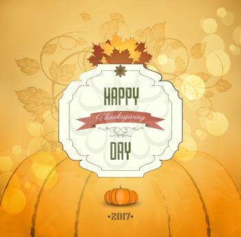 Thanksgiving Day Orange Background With Maple Leafs, Ripe Pumpkin And Text