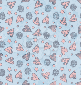 Abstract Seamless Grunge Valentine's Cute Pattern With Hearts, Flowers And Stars